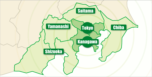Map of Kanagawa, Tokyo, Chiba, Saitama, Yamanashi, and Shizuoka Prefectures